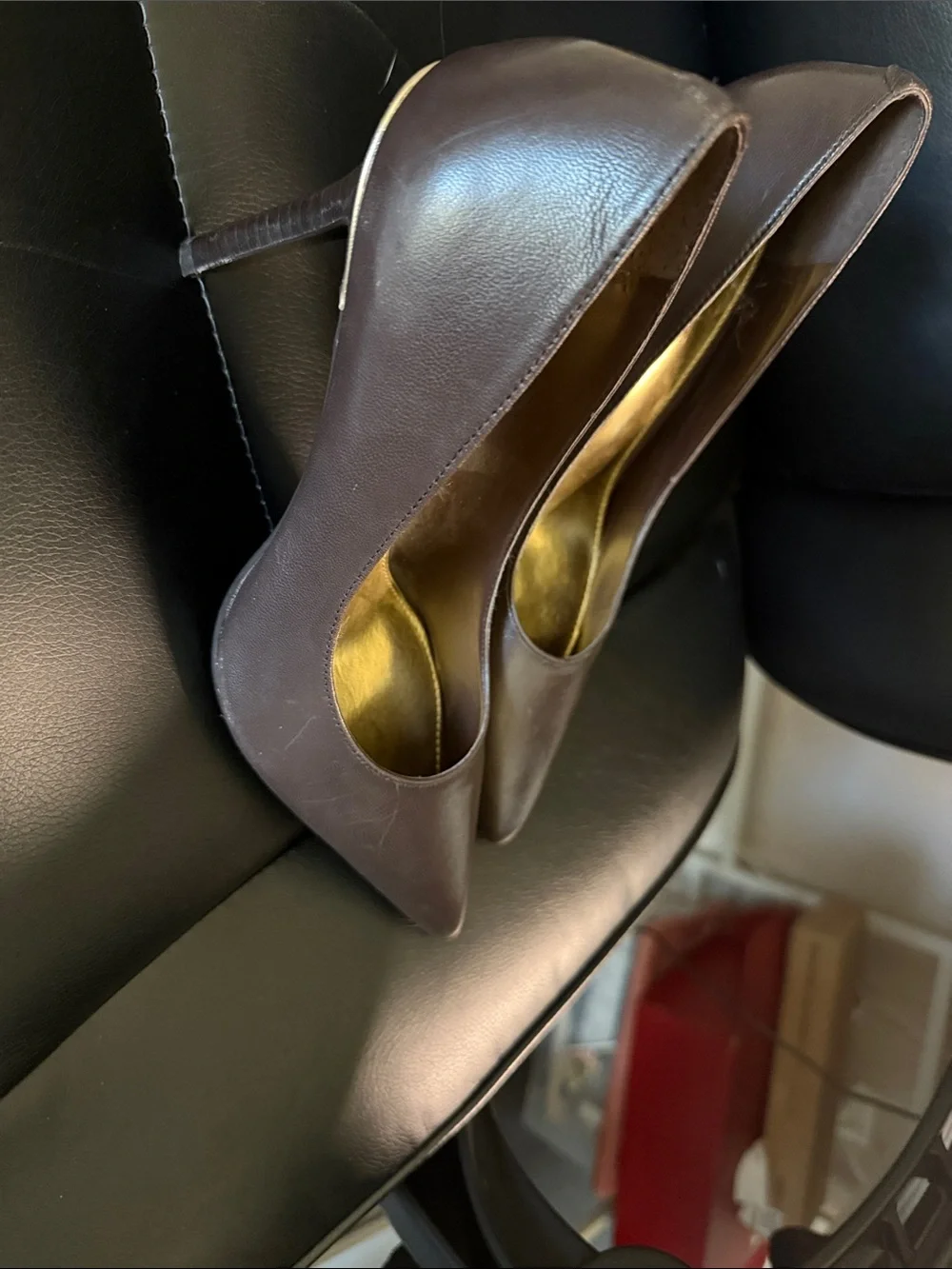 Ralph Lauren Dark Brown Pointed-Toe Leather Pumps with Gold Insole